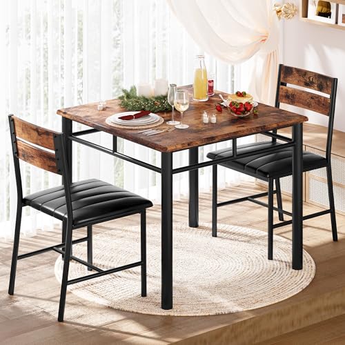 IRONCK Dining Table Set for 2, Small Kitchen Table with Upholstered Chairs Dinning Table Set for Kitchen & Dining Room, Compact Dining Set for Small Spaces, Rustic Brown IRONCK