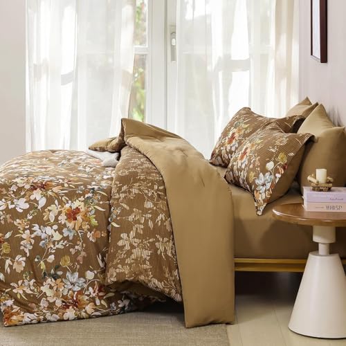 Dobuyly Brown Comforter Set Queen Size, 7 Piece Floral Bedding Comforter Set, Bed in a Bag Botanical Flower Pattern with Sheets, Pillowcases & Shams All Season Dobuyly