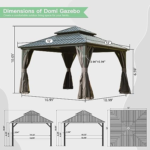 Domi Hardtop Gazebos 12x12FT, Aluminum Metal Gazebo with Galvanized Steel Double Roof Canopy, Curtain and Netting, Permanent Gazebo Pavilion for Patio, Backyard, Deck and Lawn, Grey - WoodArtSupply