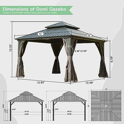 Domi Hardtop Gazebos 12x12FT, Aluminum Metal Gazebo with Galvanized Steel Double Roof Canopy, Curtain and Netting, Permanent Gazebo Pavilion for Patio, Backyard, Deck and Lawn, Grey - WoodArtSupply