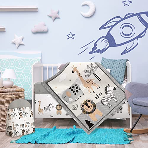 4 Piece Woodland Forest Animals Crib Bedding Set, Including Jungle Safari Crib Skirt, Blanket, Nursery Bed Sheet and Diaper Stacker, Soft Neutral Nursery Standard Size Baby Bedding for Baby Girls Boys Oudain