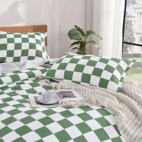 Andency Green Checkered Comforter Full(79x90Inch), Plaid Gingham Buffalo Grid Bedding Comforter Sets for Boys Kids Teens, 3 Pieces Lightweight Microfiber Geometric Preppy Bed Set Andency