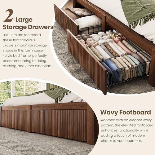 CypBed King Size Bed Frame and Headboard& 2 Storage Drawers, King Bed Frame with LED Light and Charging Port, Farmhouse Wavy Design, Wood & Metal Platform, Noise-Free, No Box Spring Needed, Walnut CypBed