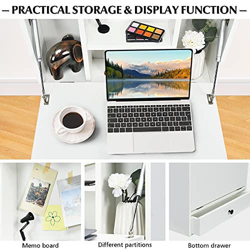 COSTWAY Wall-mounted Computer Desk, Floating Desk with Storage Drawer & Shelves, Fold-up Desktop & Pneumatic Springs, Ideal for Home, Office, Dormitory, Small Spaces (White) COSTWAY
