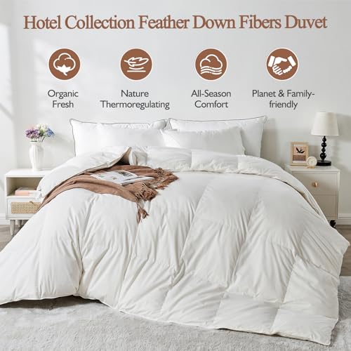 KUSNUG 100% Organic Cotton Feather & Down Fibers Comforter Twin Size, All-Season Hotel-Style Hypoallergenic Duvet Insert, Ivory White 68x90 Inch KUSNUG