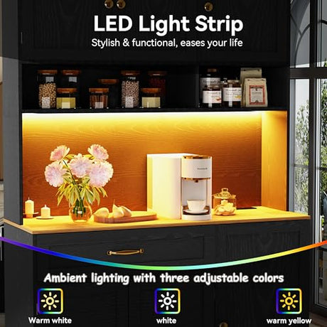 FJTJBSI 72" Kitchen Pantry Cabinet with LED Light and Charging Station Tall Pantry Storage Cabinet with Adjustable Shelves and Door Shelves Modern Kitchen Hutch with Countertop Black FJTJBSI