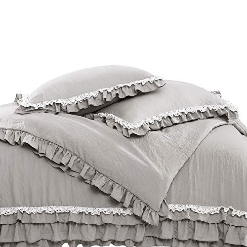 Lush Decor Ella Ruffle Lace Comforter, 3 Piece Set, King, Light Gray - Cute Comforter - King Bedding Set - Gray Bedding - Coquette Decor - Ruffle Trim - Lace Trim Lush Decor