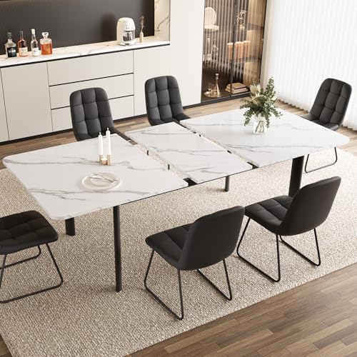 HIPIHOM Extendable Dining Table Set for 6-8 People, 63 to 78.7 Inch MDF Kitchen Table with 6 Upholstered Chairs, Space-Saving for Dining Room, Breakfast Nook (White Table & 6 Black U-Shaped Chairs) HIPIHOM