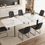 HIPIHOM Extendable Dining Table Set for 6-8 People, 63 to 78.7 Inch MDF Kitchen Table with 6 Upholstered Chairs, Space-Saving for Dining Room, Breakfast Nook (White Table & 6 Black U-Shaped Chairs) HIPIHOM