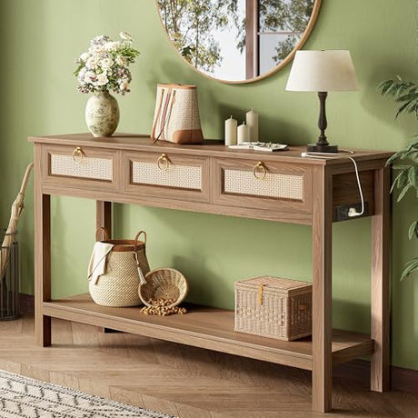 SUPERJARE Rattan Console Sofa Table with Outlets and USB-C Port, 3 Drawer Entryway Table with Synthetic Rattan Surface, Open Shelf, Behind Couch Entry Foyer Hallway Storage, Brown SUPERJARE