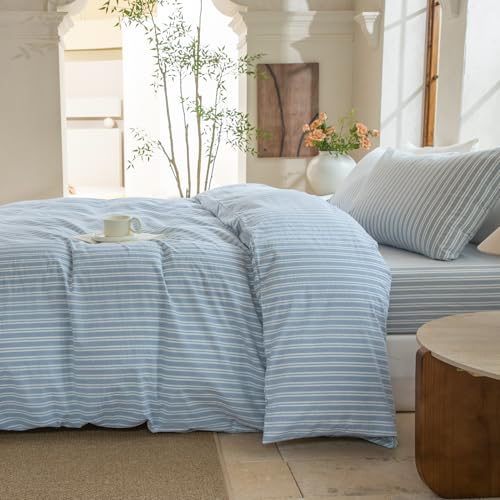 BESTDESIL Luxury 100% Washed Cotton Linen Like Duvet Cover Set,3 Pcs Striped Duvet Cover with Zipper Closure(Strip-Cornflower Blue/White,Queen) BESTDESIL