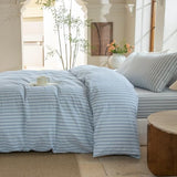 BESTDESIL Luxury 100% Washed Cotton Linen Like Duvet Cover Set,3 Pcs Striped Duvet Cover with Zipper Closure(Strip-Cornflower Blue/White,Queen) BESTDESIL