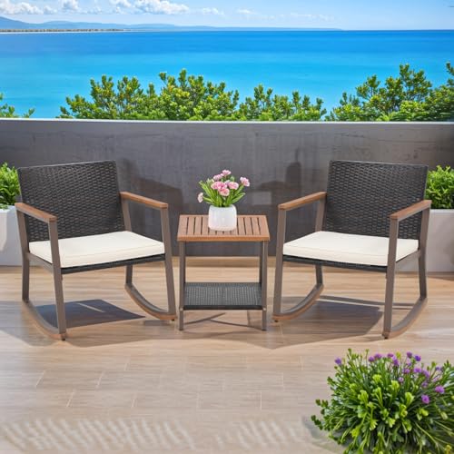 Relyblo Wicker Rocking Bistro Set of 3, Outdoor Rocker Chair Furniture Conversation Sets with Coffee Table & Cushions, Patio Rattan for Balcony, Lawn, Porch Poolside, Black - WoodArtSupply