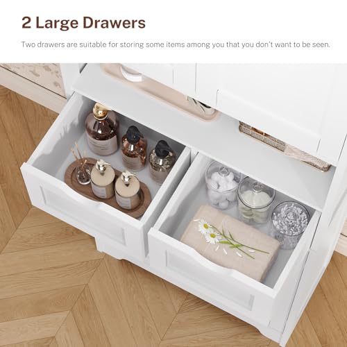 TEENFON 57.8" H Tall Bathroom Storage Cabinet with 4 Doors & 2 Adjustable Shelves, Freestanding Bathroom Cabinet with 2 Drawers, Kitchen Cabinets & Pantry, Cupboard for Kitchen, Dining Room, White TEENFON
