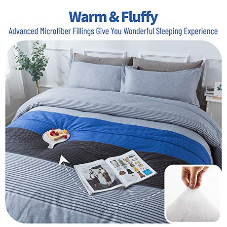 Andency Full Size Blue Comforter Set (79x90 Inch), 3 Pieces Gray and Blue Patchwork Striped Comforter, Soft Microfiber Down Alternative Comforter Bedding Set Bed in a Bag with Corner Loops Andency