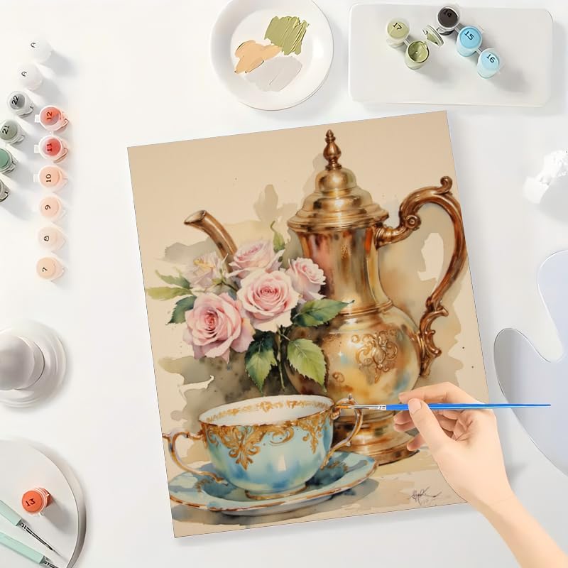 Tea Time Roses Paint by Numbers Kit for Adults - DIY Teapot and Cup Painting on Canvas 16x20 Inches, Acrylic Paint Set, for Beginners, Ideal for Home Decor or Gifts DecorFriday