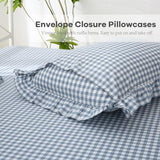 K MASANIJI Dust Blue White Plaid Ruffle Sheets Twin Size 4-Piece Set, 300TC 100% Yarn Dyed Cotton Sheets18 in Deep Pocket Preppy Gingham Sheets Decorative Bedding (Dust Blue/White Plaid, Twin) K MASANIJI