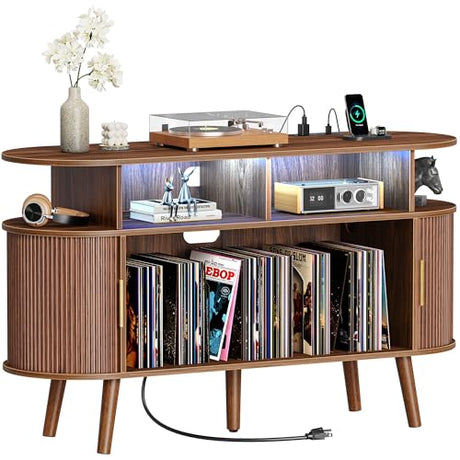 PRAISUN 47.2 Inch Large Record Player Stand with Power Outlets & 3-Color Lights, Vinyl Record Stand with 2 Fluted Cabinets, USB-C Port, Mid Century Modern Player Stand, Open Storage, Walnut PRAISUN