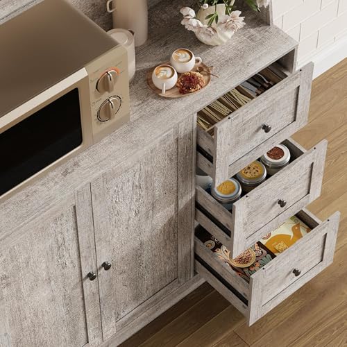 GarveeHome 67 in Tall Kitchen Hutch Storage Cabinet, Coffee Bar Cabinet with 3 Drawers and LED Lights, Freestanding Food Pantry with Countertop for Living Dining Room, Grey GarveeHome