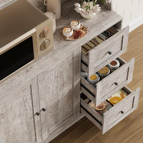 GarveeHome 67 in Tall Kitchen Hutch Storage Cabinet, Coffee Bar Cabinet with 3 Drawers and LED Lights, Freestanding Food Pantry with Countertop for Living Dining Room, Grey GarveeHome