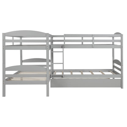 Harper & Bright Designs Quad Bunk Bed with Trundle, L Shaped Bunk Bed for 4 Kids, Wooden Twin Bunk Bed Frame for Kids Teens Adults (Gray)