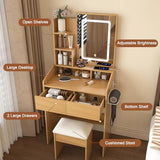 QueZeiah Small Makeup Vanity Desk with Mirror and Lights, Mini Vanity with Stool, 2 Large Drawers, Charging Station, Dressing Table Set for Women's Bedroom, Dressing Room, Wood QueZeiah
