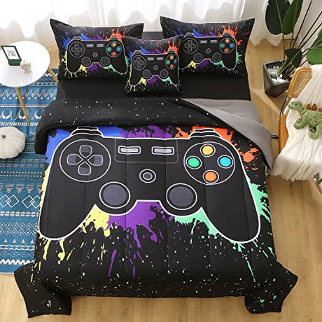 JQinHome Twin Gamer Comforter Sets for Boys&Girls ,6 Piece Bed in A Bag 3D Video Game Bedding -All Season Microfiber Gamer Bedding Sets for Kids, with Pillowcase, Flat & Fitted Sheet,Cushion Cover JQinHome