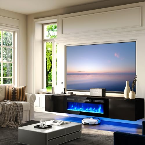 OneBlis 70'' Floating TV Stand with 36" Electric Fireplace, Wall Mounted Entertainment Center with Storage for TVs up to 80", Adjustable 12-Color LED Media TV Console for Living Room,All Black OneBlis