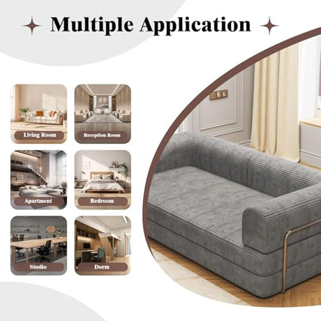 Doppeltcharms 79" 5-in-1 Convertible Sleeper Sofa Bed, No Assembly Corduroy Modular Futon Couch with Fixed Metal Armrests, Compressed in a Box, Pet-Friendly Sofa for Living Room Apartment, Dark Grey Doppeltcharms