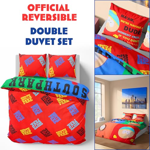South Park Reversible Duvet Cover & Pillowcase Set for Teens, Men, Single or Double Bed Set, Bedding Decor, Gifts for Him (Multi Double) South Park