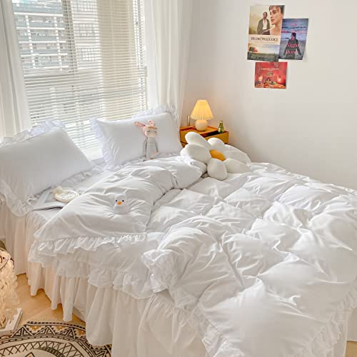 MOOWOO Chic Ruffle Lace Polyester Duvet Cover Set -Girl White Bedding-3 Piece Full Duvet Cover with Zipper Closure -Ultra Soft and Light Weight (White, Full)-No Comforter MOOWOO