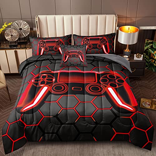 BDUCOK 5 Piece Gamer Comforter Sets Bed in A Bag for Boys Teen Kids,Honeycomb Gaming Bedding Sets Gamepad Comforter Microfiber Bed Set for All Season Gamer Home Decor(red, 5 Piece Sets30023-Twin) BDUCOK
