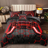 BDUCOK 5 Piece Gamer Comforter Sets Bed in A Bag for Boys Teen Kids,Honeycomb Gaming Bedding Sets Gamepad Comforter Microfiber Bed Set for All Season Gamer Home Decor(red, 5 Piece Sets30023-Twin) BDUCOK