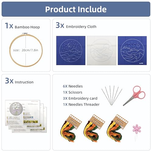 KEKEMEOW 3 Sets Embroidery Kit for Beginners, Stitches with Landscape of Mountains Patterns, DIY Cross Stitch Kits for Adults, Needlepoint Hand Embroidery Kit with Stamped Pattern、Instruction、Hoop