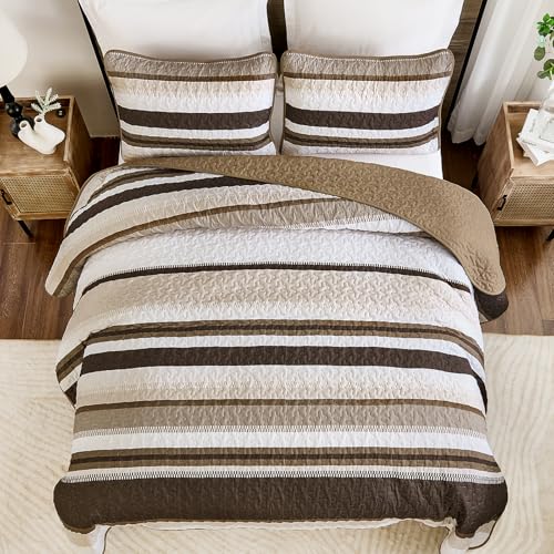 WONGS BEDDING Quilt Set Queen Size, Brown Striped Pattern Bedspread,Lightweight Summer Coverlet Bedding Set for Bed 96"x90" WONGS BEDDING