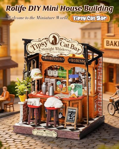 Rolife Miniature House Kit for Adults Tipsy Cat Bar DIY Wooden Dollhouse Kit Tiny Mini House Bookshelf Decor 3D Wooden Puzzle Hobby Crafts Gifts for Family Friends