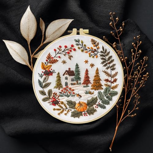 Embroidery Kit for Beginners, Beautiful small town Nature Landscape Pre-Stamped Pattern Kits for Adults , Easy to Follow Color Thread Needlework,DIY Cross Stitch Kits with 8'' Hoop Needles Threads