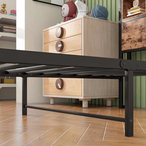 Twin XL Bed Frames with Headboard Storage, Twin Bed Frame with Charging Station, Single Bed Frame with Heavy Duty Metal Slats, No Box Spring Need, Easy Assembly, Rustic Brown Doredo