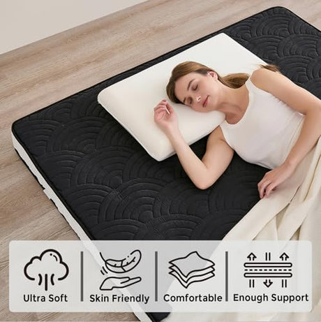 Zelladorra Japanese Floor Mattress, Quilted Futon Mattress with Anti-Slip Bottom, Foldable Floor Bed with Storage Bag and Straps, (Black, Full) Zelladorra