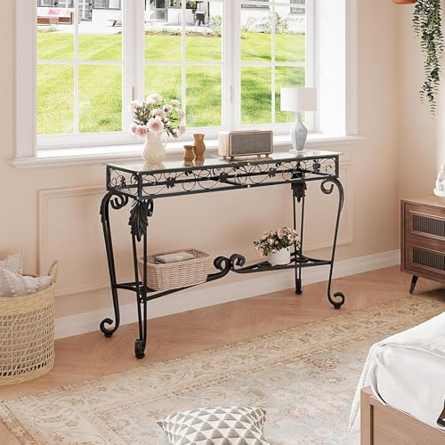 HavenlyYouth Console Table 47.2", Tempered Glass Sofa Tables, Vintage Entryway Table with Metal Frame, Console Tables for Living Room, Entrance, Foyer, Adjustable Feet (Black) HavenlyYouth