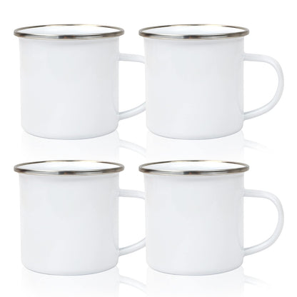 MAIKESUB 4 Pcs Sublimation Blank White Enamel Mug 12 OZ with Silver Rim Camping Travel Coffee Metal Mug Can be used as a gift for Christmas Thanksgiving Mother's Day Father's Day