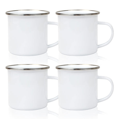MAIKESUB 4 Pcs Sublimation Blank White Enamel Mug 12 OZ with Silver Rim Camping Travel Coffee Metal Mug Can be used as a gift for Christmas Thanksgiving Mother's Day Father's Day MAIKESUB