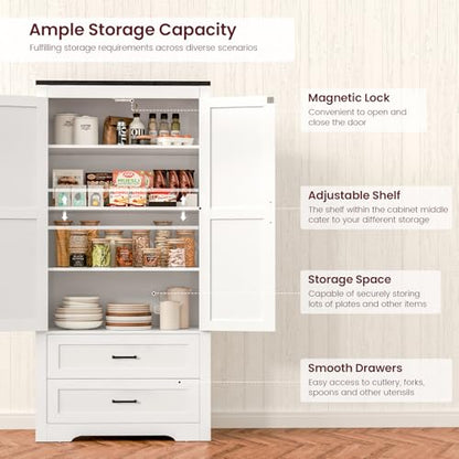 Quimoo 71" Tall Pantry Cabinet with 2 Drawers & Adjustable Shelf, Kitchen Pantry Cabinet with Barn Doors, Storage Cabinet, Kitchen Cabinet for Kitchen, Home Office, Bathroom, White - WoodArtSupply