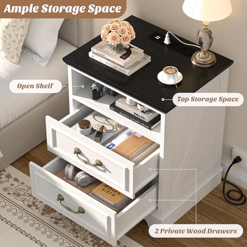 Unikito Farmhouse Nightstand with Charging Station, Bedside Table with 2 Large Drawers & Vintage Handles, Side Table with Open Storage for Bedroom (Antique White) Unikito