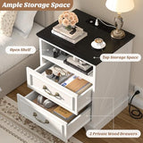 Unikito Farmhouse Nightstand with Charging Station, Bedside Table with 2 Large Drawers & Vintage Handles, Side Table with Open Storage for Bedroom (Antique White) Unikito
