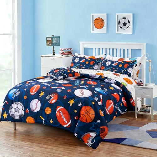 A Nice Night 6Pcs Bed in A Bag Twin Sports Microfiber Modern Comforter Set,Navy Rugby Ball Printed Bedding Collections,for Boys Kids Teen A Nice Night