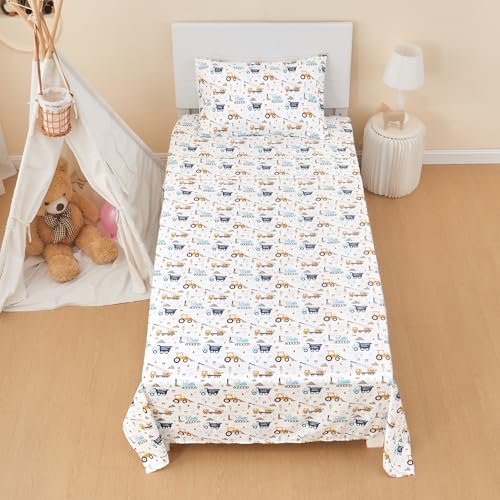 lasoftan Kids Sheet Set Twin Size 3 Pcs, Boys Sheet Set with Blue Excavator Car Pattern，Kids Boys Twin Fitted Sheet，Breathable & Silky Soft Microfiber Fitted Sheet lasoftan