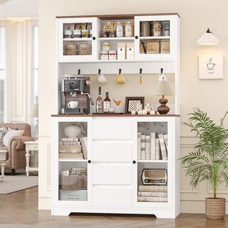 HIFIT 71" Tall Kitchen Pantry Cabinet, Kitchen Hutch Coffee Bar with 4 Drawers & 5 Metal Hooks & 4 Doors & Microwave Stand, Hutch Cabinet for Living Room, Dining Room, White Pantry HIFIT