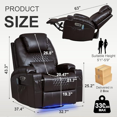 Dual Motor Power Swivel Rocker Recliner Chair for Adults with Heat and Massage,Electric Wall Hugger Glider Rocking Recliner for Nursery Living Room with LED Lights,USB A&C Ports(Brown, Single) DUNELLA