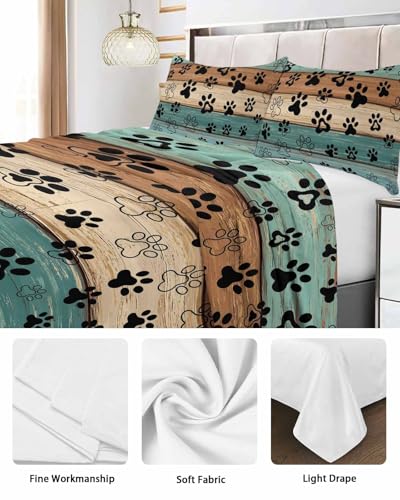Top Sheet King Bedding Flat Sheet Only, Animal Dog Paw Print Farm Teal Wood Board Microfiber Bed Sheets Soft Breathable Bedding Flat Sheets, Country Wooden Grain Hotel Luxury Top Sheets Chees D Zone